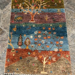 Handmade Wool Pictorial Gabbeh Rug, Tree of Life Tribal Rug, Persian Style Boho Carpet, Colorful Folk Art Rug, Unique Statement Area Rug