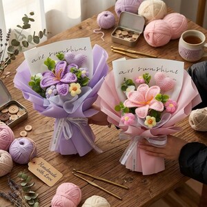 Peut inclure: Deux bouquets de fleurs crochetées à la main, enveloppés dans du papier violet et rose, attachés avec des rubans blancs. Les bouquets présentent des fleurs crochetées dans les tons de violet, rose, jaune et vert. Le texte "are sunshine" est imprimé sur le papier. Sur une surface en bois.