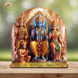 May include: A decorative arched display featuring a central blue-skinned deity seated on a throne, flanked by a standing figure with a bow and a seated figure in traditional attire, with a kneeling monkey-like figure in the foreground.
