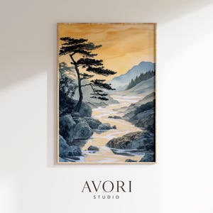 Winding River Japanese Pine Tree Art Print, Golden Sunset Poster (Digital Download)