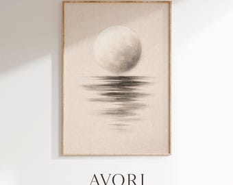 Minimalist Moon Reflection Print, Abstract Charcoal Sketch, Japandi Wall Decor (Digital Download)