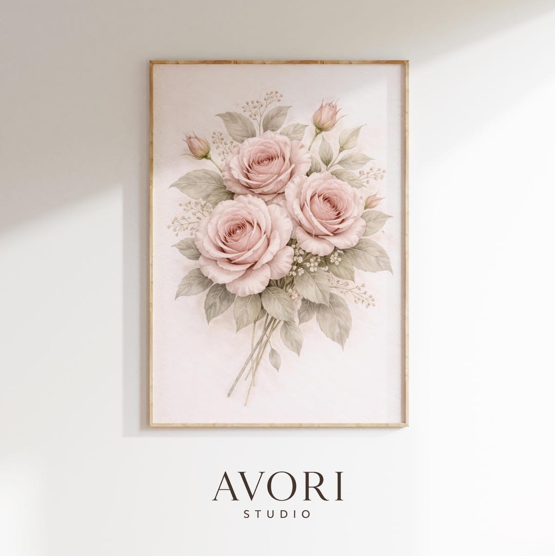Vintage Pink Rose Bouquet Print, Shabby Chic Floral Wall Art (digital ...