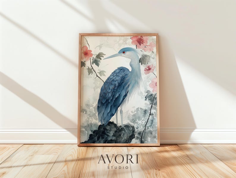 Blue Heron Watercolor Print, Japandi Bird Art, Pink Floral Ink Wash ...