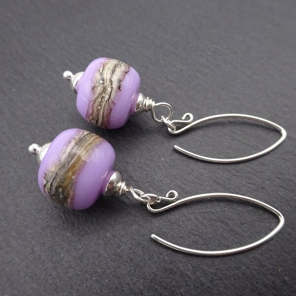 lampwork glass lilac earrings, sterling silver jewellery, uk handmade artisan