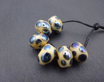 lampwork glass beads, ivory and silver blue spot set, uk handmade artisan supplies