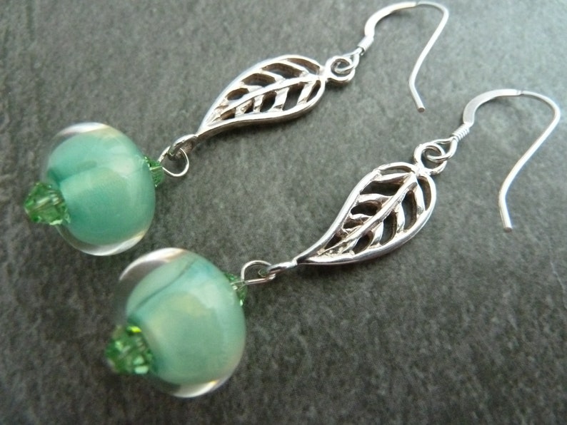 green lampwork glass jewellery uk handmade sterling silver leaf earrings