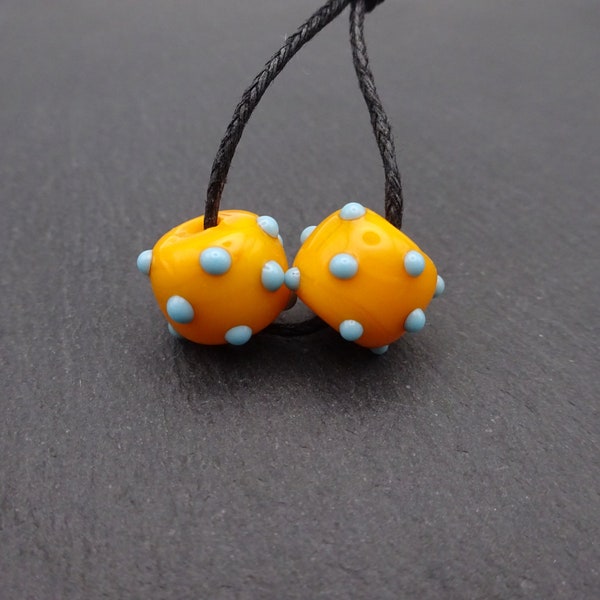 lampwork glass beads, orange and blue raised dots, uk handmade artisan