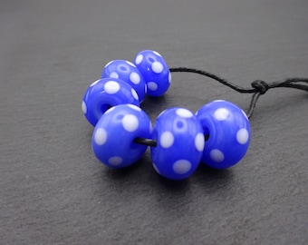 lampwork glass beads, blue and white polka dot spots, uk handmade