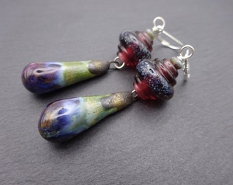purple and green lampwork glass earrings, sterling silver ceramic jewellery, uk handmade artisan