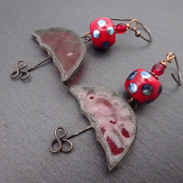 red lampwork glass and stained glass umbrella earrings, copper jewellery, uk handmade artisan statement ooak