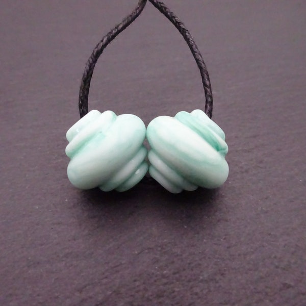 lampwork glass beads, pastel green ornate pair, uk handmade