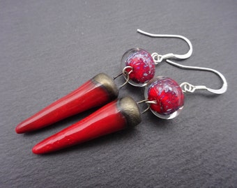 red lampwork glass and ceramic earrings, sterling silver jewellery, uk handmade