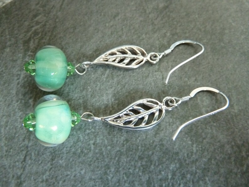 green lampwork glass jewellery uk handmade sterling silver leaf earrings