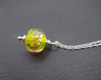 lampwork glass yellow and gold glitter pendant, sterling silver chain necklace, uk handmade jewellery