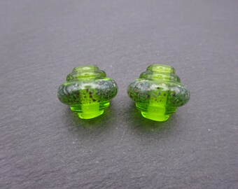 lampwork glass beads, green ornate frit pair, uk artisan supplies