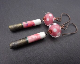 lampwork glass pink earrings, copper jewellery, white ceramic, uk handmade artisan