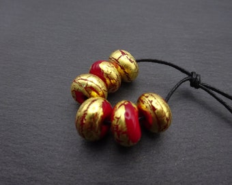 lampwork glass beads, red and gold leaf set, uk handmade