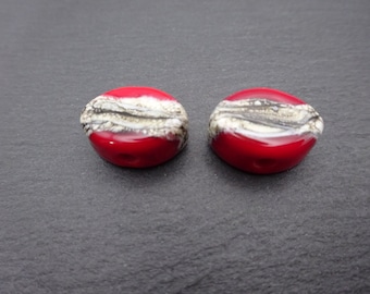 lampwork glass beads, small red banded oval pair, uk handmade artisan