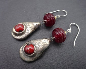 sterling silver earrings red lampwork glass jewellery ceramic dangly dangle charm uk handmade female birthday gift