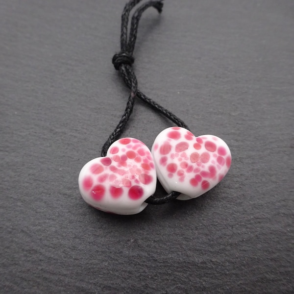 lampwork glass beads, white and pink heart pair, uk handmade