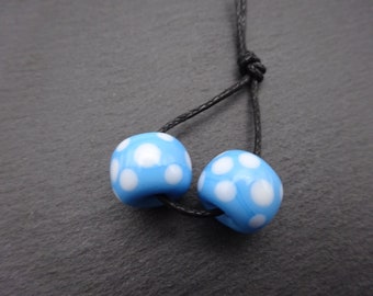 lampwork glass beads, blue and white spot chunky donut pair, uk handmade supplies