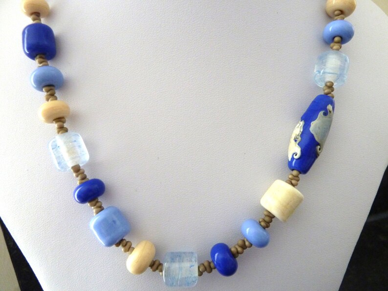 blue and ivory beach lampwork glass bead necklace UK jewellery handmade