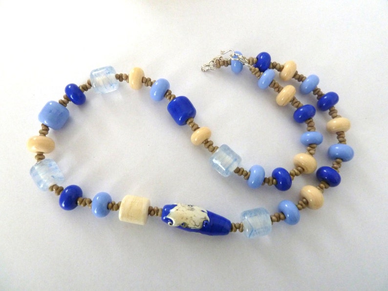 blue and ivory beach lampwork glass bead necklace UK jewellery handmade