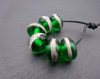 lampwork glass beads, green wrapped set, uk handmade