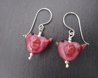 lampwork glass pink bird earrings, uk handmade sterling silver jewellery