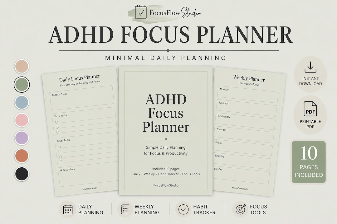 Sage Green ADHD Planner Printable, Minimalist Daily Weekly Planner ...