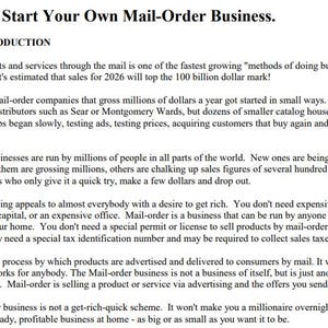 以下が含まれることがあります： 「How To Start Your Own Mail-Order Business」というタイトルのドキュメントからのテキスト。テキストは、通信販売ビジネスの成長、売上高、および開始プロセスについて説明しています。
