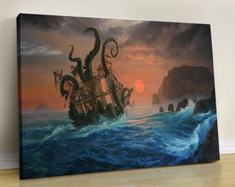 Vintage Kraken and Ship Poster, Moody Dark Seascape Print, Vintage Maritime Ocean Decor, Antique Ocean Print