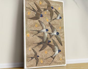 Swallow Birds Poster, Japanese Art Print, Yellow and Blue Wall Art