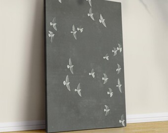 Vintage Blue Birds Canvas Wall Art, Framed Flock of Flying Birds Print, Japandi Decor, Wabi Sabi Art, Large Living Room Decor, Zen Art