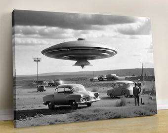 Vintage UFO Sighting Poster, Retro 1970s Sci-Fi Photography Print, Alien Spaceship Wall Art, Black and White UFO Poster