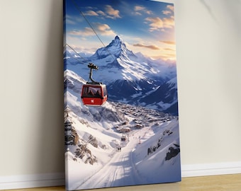 Red Ski Gondola Art Print Poster, Minimalist Graphic Ski Poster, Mountain Travel Wall Decor Unique Gift