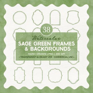 Sage Green Watercolor Frames, Elegant Botanical Clipart PNG, Watercolor Frame Invitation Border, Romantic Whimsical Wedding Set