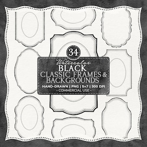 Marcos de acuarela negros dibujados a mano Clipart PNG, Borde de invitación de boda en blanco y negro, Conjunto de marcos modernos de corbata negra, Etiqueta ovalada de cartucho