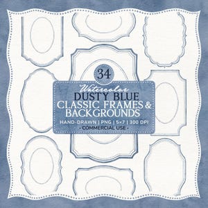 Cornici ad acquerello blu polvere disegnate a mano, clipart di etichetta ovale a cartiglio PNG, set di cornici classiche, bordo per invito di nozze Something Blue