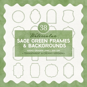 Sage Green Watercolor Frames, Elegant Botanical Clipart PNG, Watercolor Frame Invitation Border, Romantic Whimsical Wedding Set