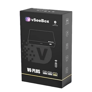 May include: A black V6 PLUS media player box with the "vSeeBox" logo and product features. The box has a sleek design with the words "V6 PLUS" in white. It includes icons for 4GB, 8GB, and 8K capabilities.