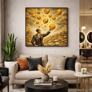 Può includere: Un'opera d'arte incorniciata raffigura un uomo in giacca e cravatta che afferra monete Bitcoin d'oro. Lo sfondo presenta un paesaggio urbano e altri simboli Bitcoin. L'opera è esposta sopra un divano beige con cuscini decorativi e un tavolino.