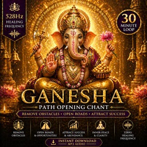 Op de afbeelding: Digitale illustratie van Ganesha, een hindoeïstische godheid, in gouden tinten. De afbeelding bevat tekst voor een "Ganesha Path Opening Chant" om obstakels te verwijderen en succes aan te trekken. Het vermeldt ook een lus van 30 minuten en een helende frequentie van 528 Hz.