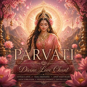 May include: Digital artwork featuring Parvati, a Hindu goddess, in a meditative pose. She is adorned in pink and gold attire, with a golden halo and floral accents. The text "PARVATI Divine Love Chant" is displayed, along with related affirmations.