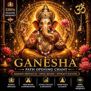 May include: A digital illustration of Ganesha, the Hindu deity, seated and adorned with gold jewellery. The image features the text "Ganesha Path Opening Chant" and symbols related to healing and removing obstacles. The background is a glowing, golden design.