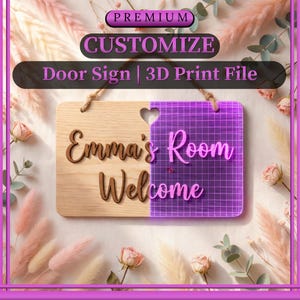 May include: Customizable door sign with the text "Emma's Room Welcome". The sign is split into two sections: a wooden section with brown lettering and a purple, grid-patterned section with pink lettering. The sign is hanging by a rope.
