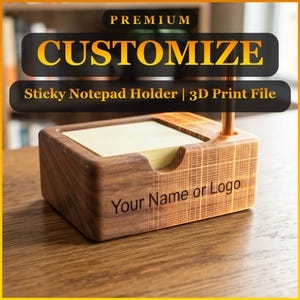 Personalized Sticky Note Holder STL File | Custom Desk Organizer 3D Print | Pen Holder & Post It Dispenser | Name or Logo Gift