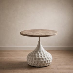 Peut inclure: Une table d'appoint ronde avec un plateau en bois brun clair et une base texturée, blanche et bulbeuse. La table a un support en métal et repose sur un sol en bois. La table mesure environ 61 cm de diamètre.