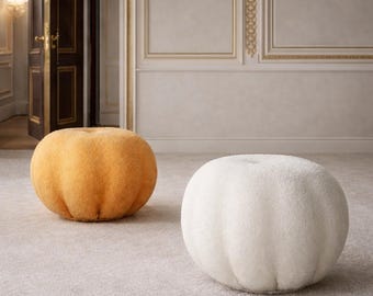 Pumpkin Ottoman Stool Round Teddy Velvet Pouf Footrest Modern Accent Seat Cute Cozy Furniture for Living Room Bedroom Deco