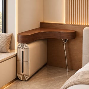 Peut inclure: Un bureau d'angle doté d'un plateau en bois foncé incurvé avec des tiroirs intégrés. La base se compose d'un meuble crème avec des détails nervurés verticaux et d'un pied métallique unique avec une structure de support en Y.